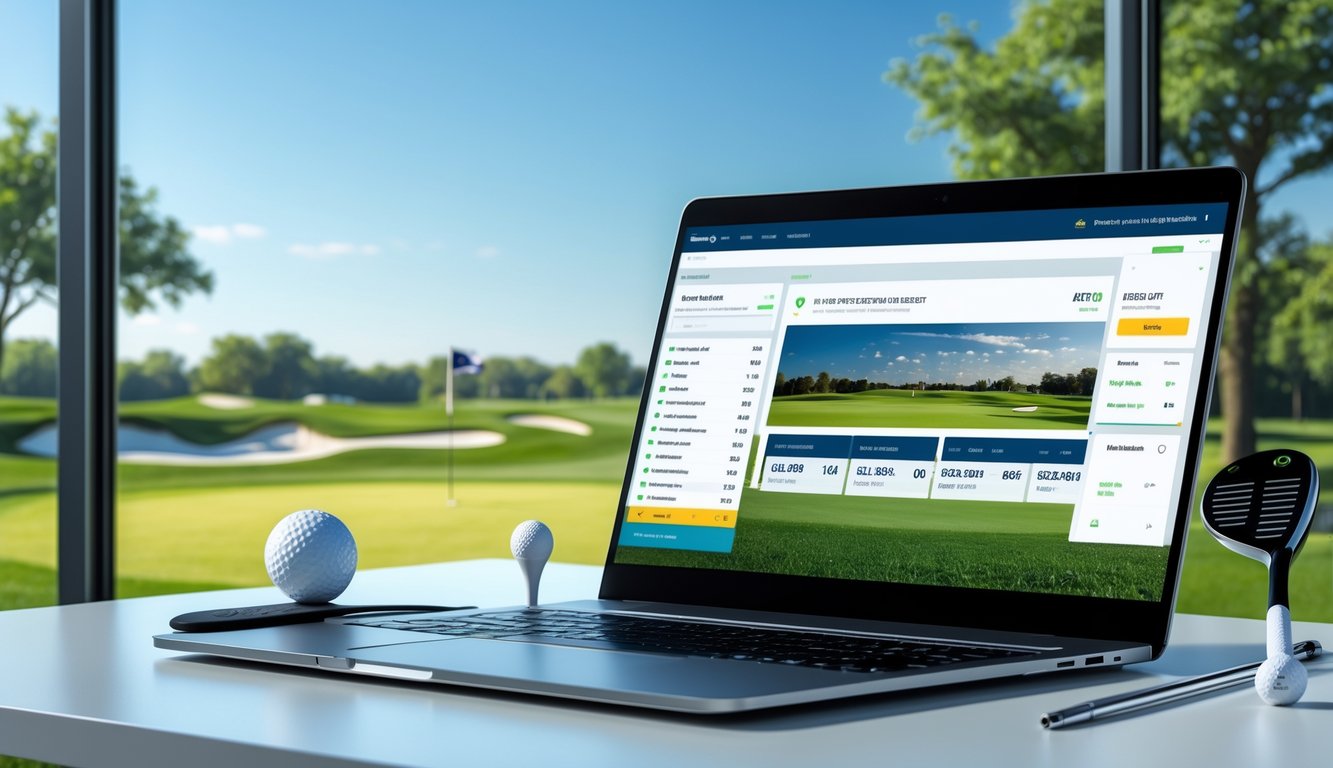 Sebuah laptop di atas meja dengan tampilan situs taruhan golf online, dikelilingi oleh bola golf dan stik golf, dengan latar belakang lapangan golf hijau.