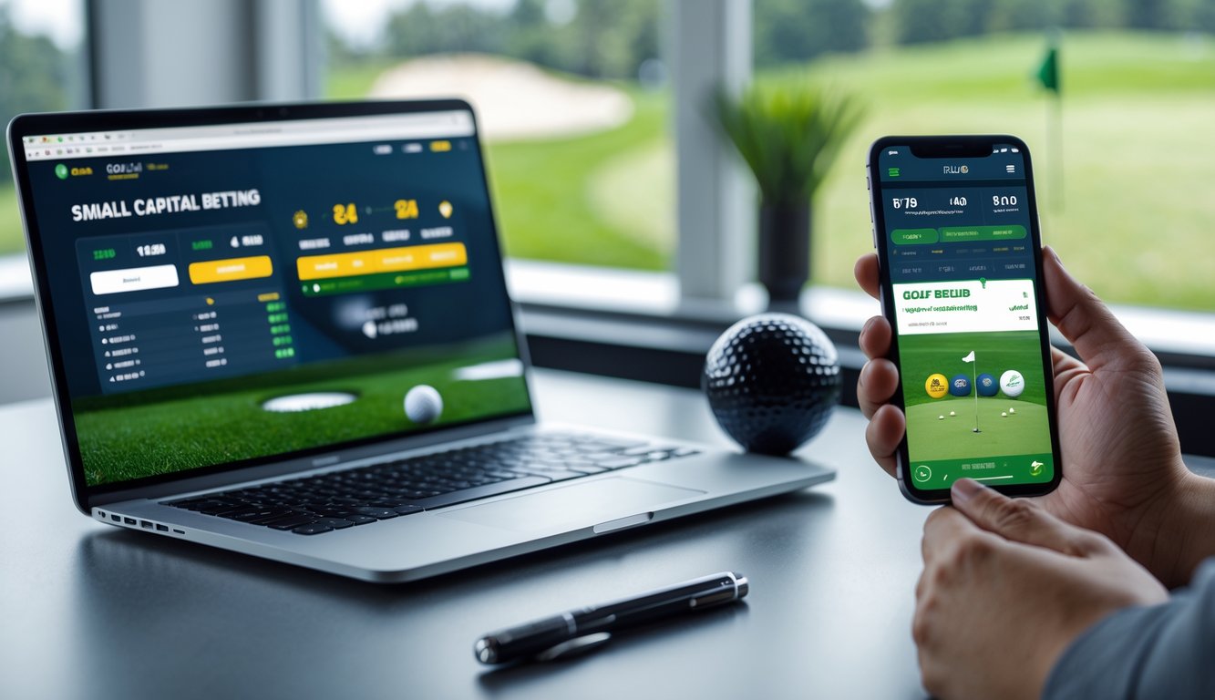 Seseorang menggunakan laptop dan ponsel di meja kerja dengan latar belakang lapangan golf.