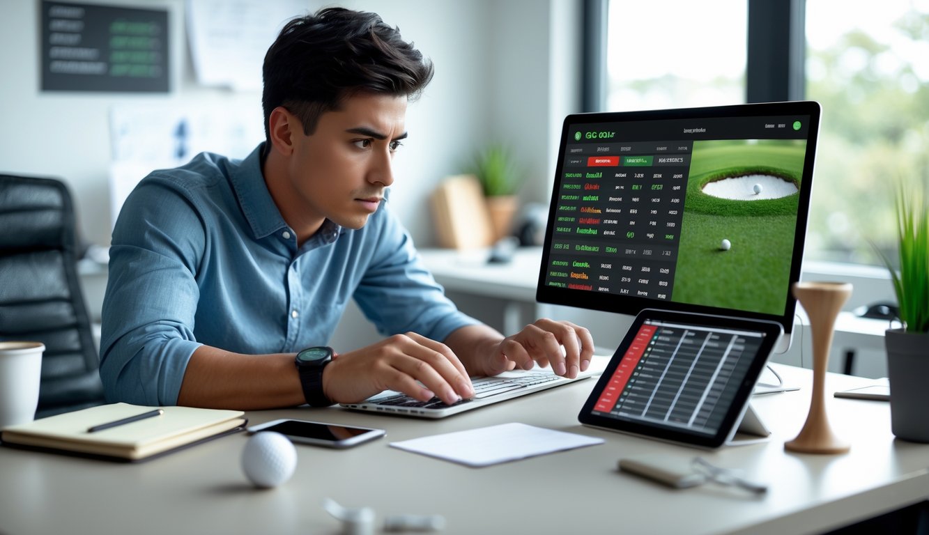 Seorang pria muda sedang fokus menggunakan laptop di ruang kerja dengan perlengkapan golf dan perangkat digital di sekitarnya.