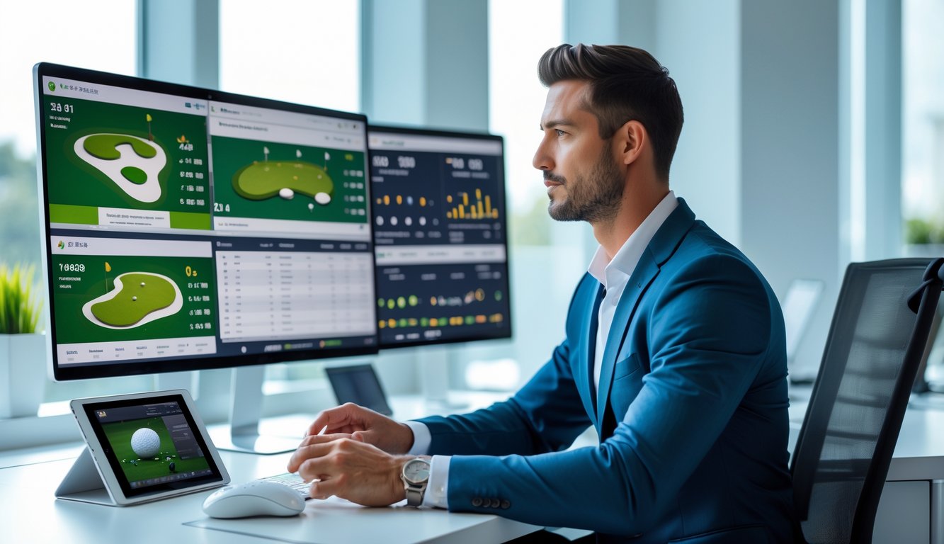 Seorang pria profesional duduk di meja dengan layar digital menampilkan grafik dan tata letak lapangan golf, menunjukkan aktivitas analisis taruhan golf online.