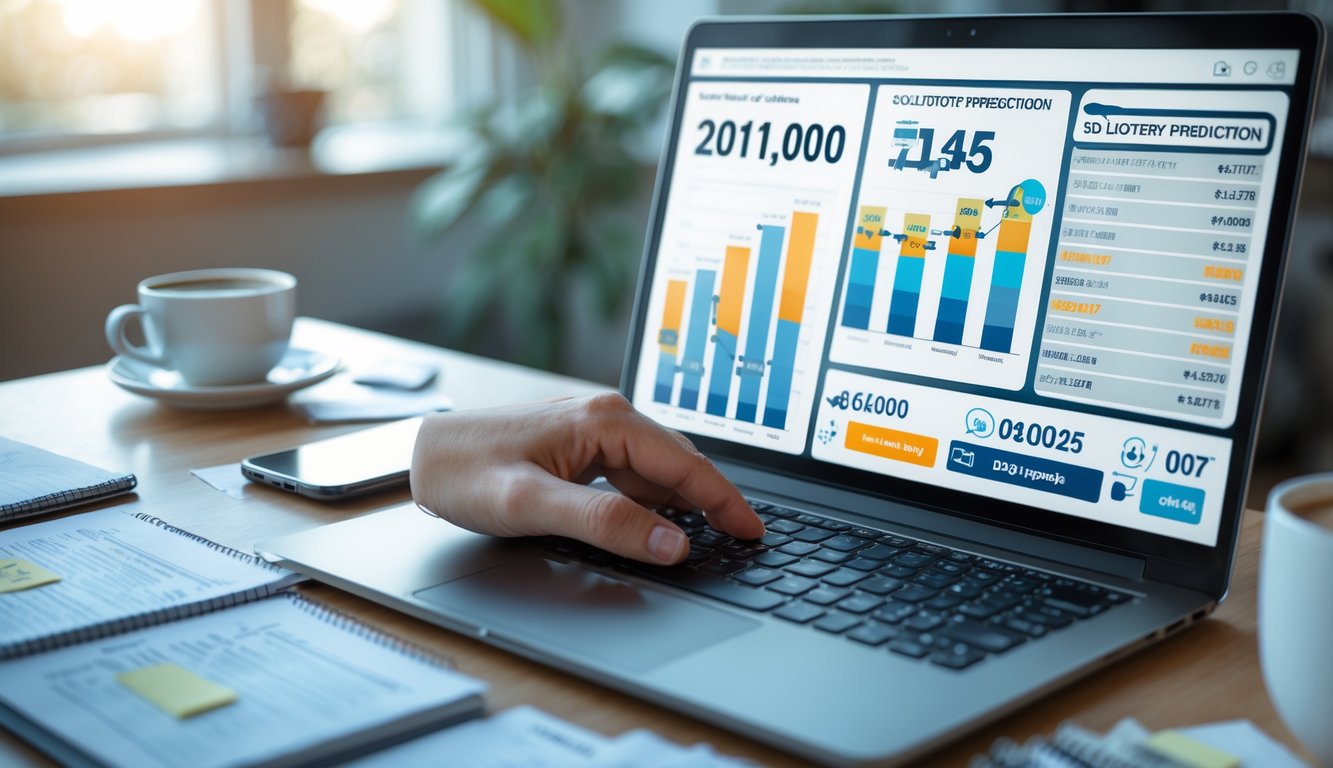 Sebuah ruang kerja modern dengan laptop yang menampilkan grafik dan angka prediksi togel 3D, tangan seseorang menggunakan touchpad, ponsel dengan notifikasi pembaruan harian, dan secangkir kopi di atas meja.