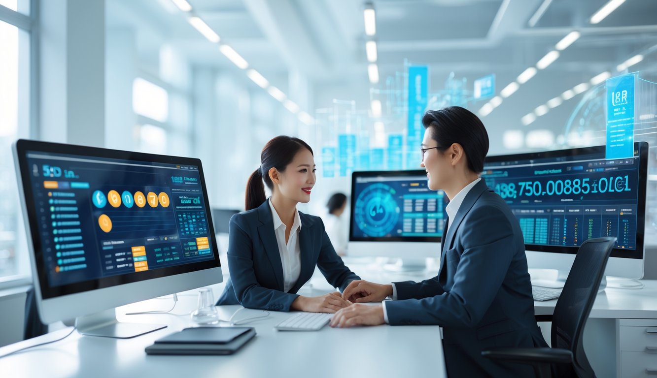 Dua orang profesional sedang bekerja bersama di depan beberapa layar komputer dengan data dan grafik prediksi togel 3D di sebuah kantor modern.