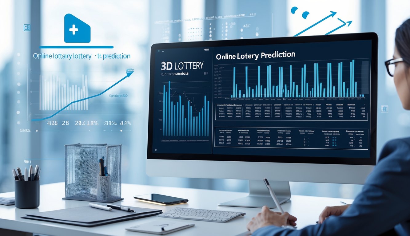 Seorang profesional sedang bekerja di depan komputer dengan data dan grafik prediksi togel 3D di layar dalam suasana kantor yang rapi dan terang.