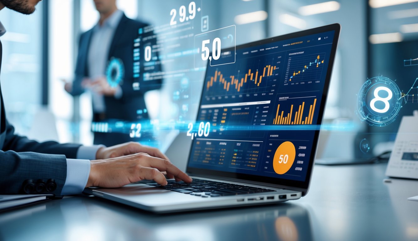 Seorang profesional sedang bekerja dengan laptop yang menampilkan grafik dan data analisis di sebuah kantor modern.