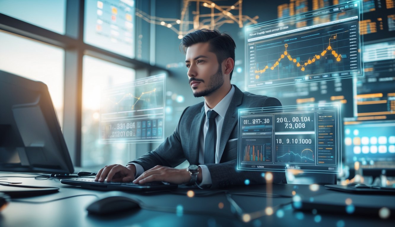 Seorang profesional sedang menganalisis data di depan beberapa layar digital di kantor modern.