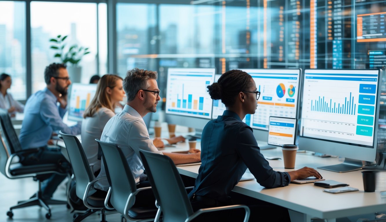 Orang-orang bekerja di kantor modern dengan komputer dan tablet, menganalisis data dan grafik untuk prediksi togel online.