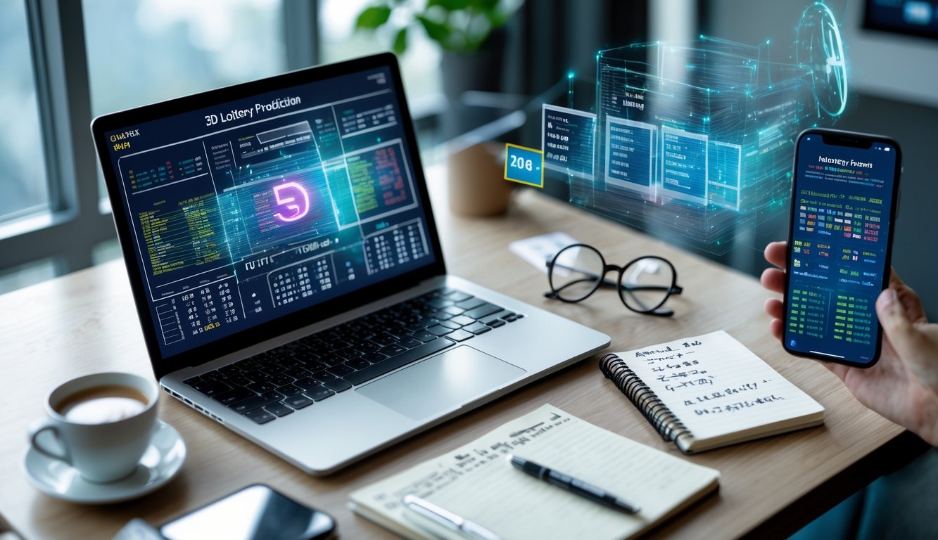 Meja kerja modern dengan laptop dan ponsel menampilkan data prediksi togel 3D, dilengkapi dengan cangkir kopi, buku catatan, dan kacamata.