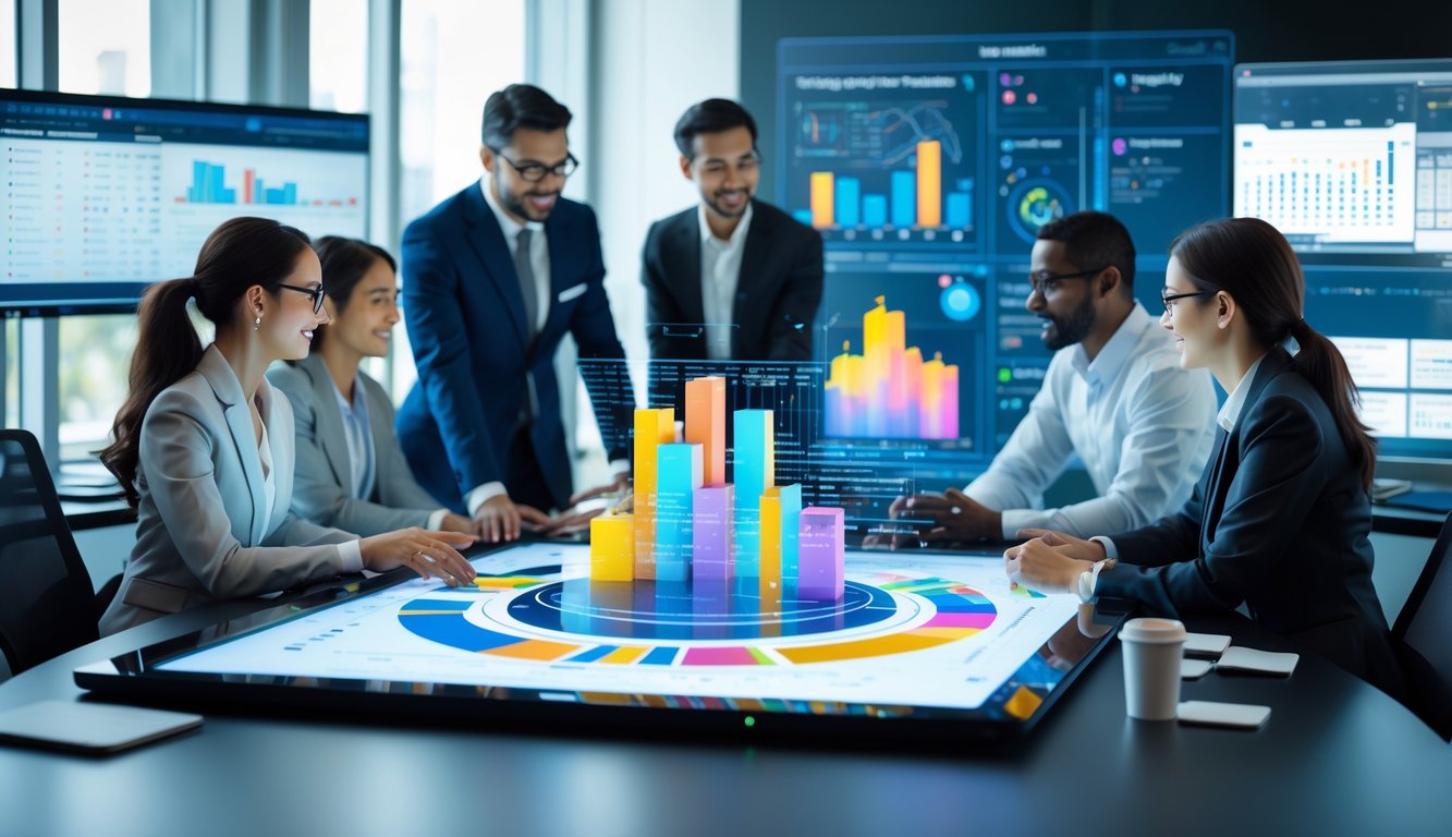 Sekelompok profesional bekerja bersama di kantor modern dengan layar digital besar menampilkan grafik dan data statistik.