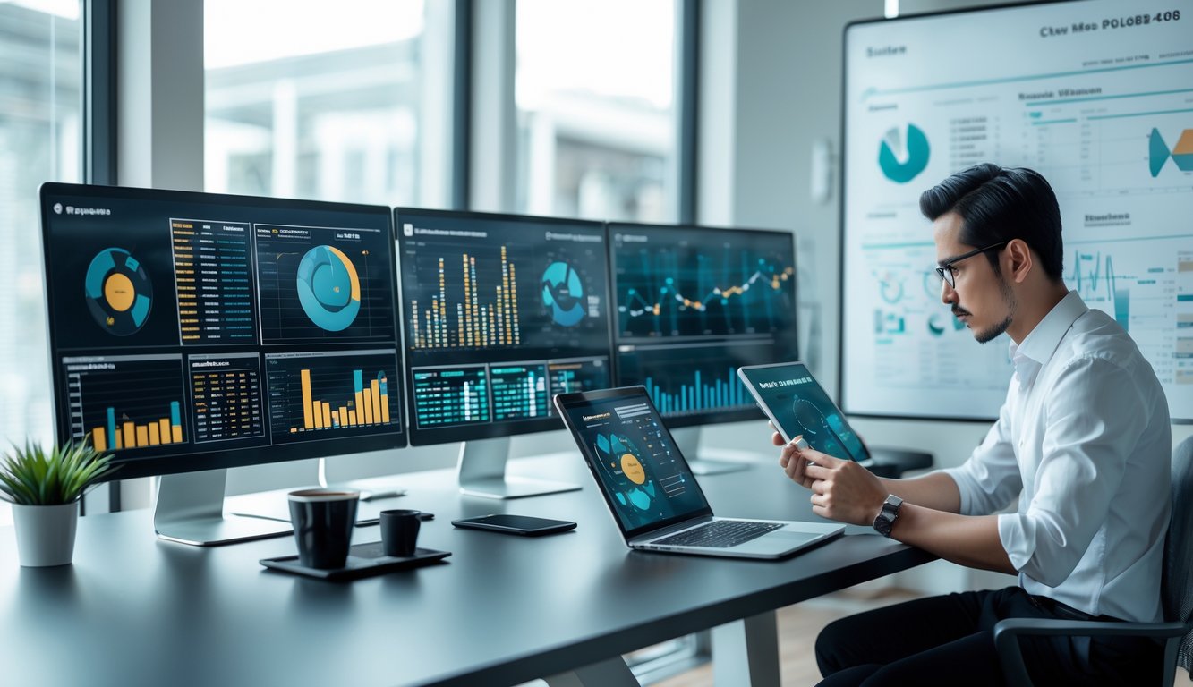 Seorang profesional sedang menganalisis data statistik di depan beberapa layar komputer di ruang kerja modern.