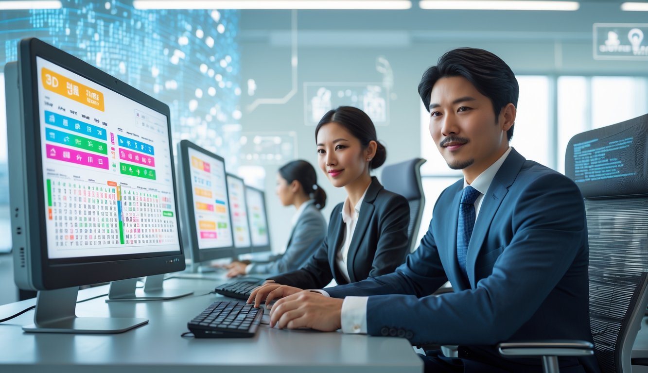 Dua agen profesional sedang bekerja bersama di depan komputer dengan tampilan prediksi togel 3D di layar dalam kantor yang terang dan modern.