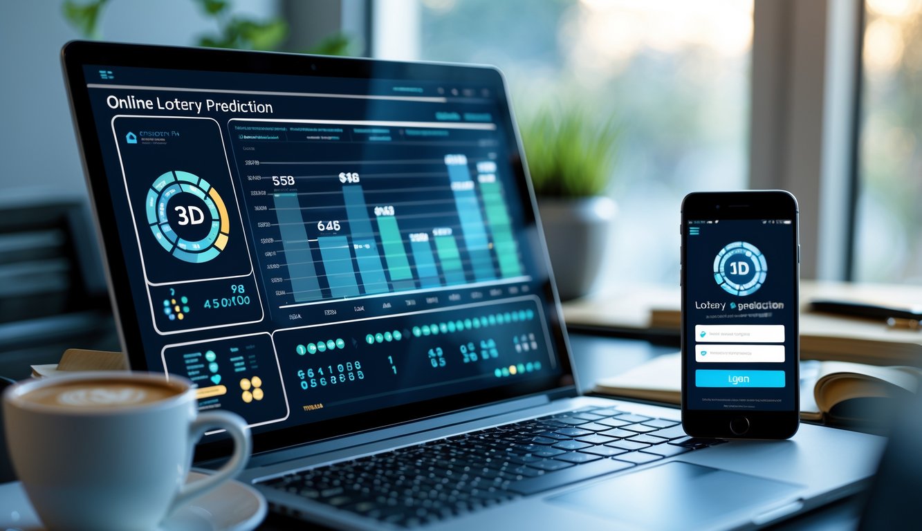 Seorang profesional bekerja di meja dengan laptop dan ponsel yang menampilkan antarmuka prediksi togel 3D, dikelilingi alat tulis dan pencahayaan alami.