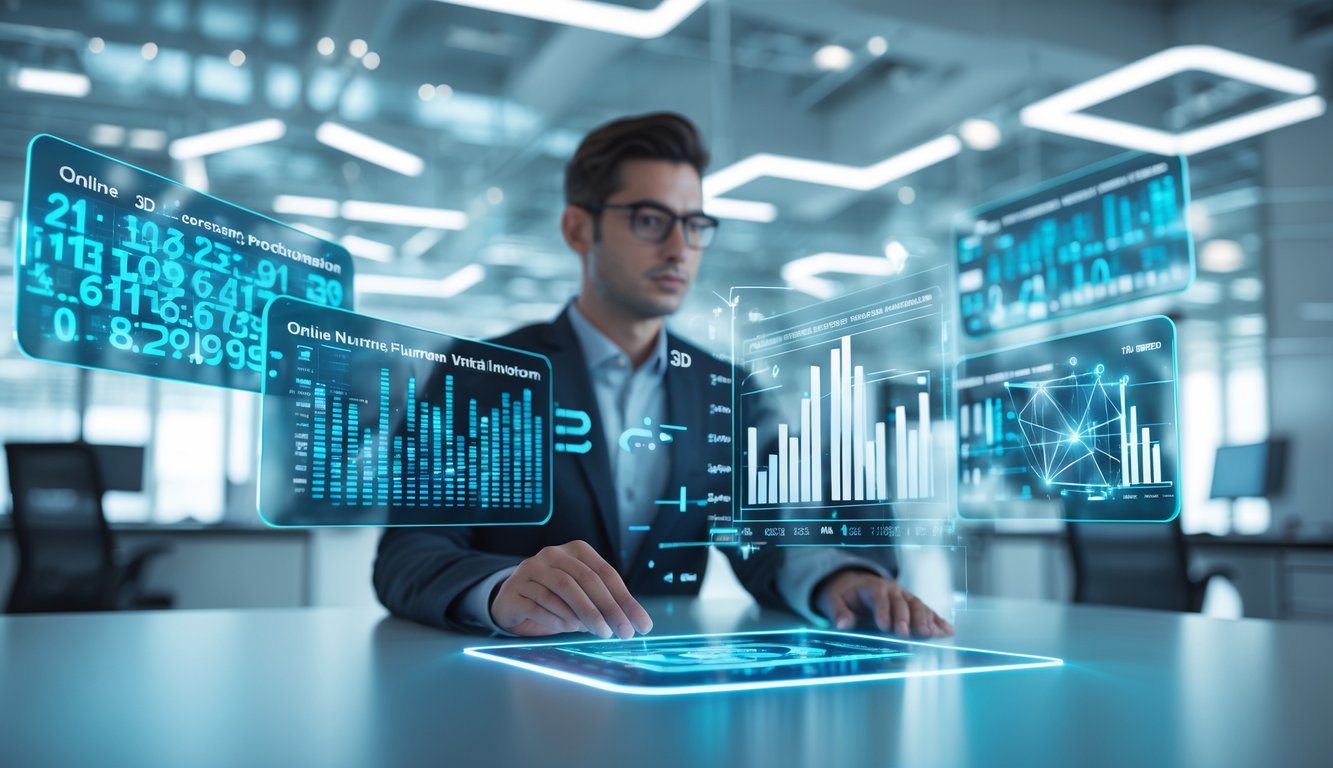 Seorang profesional sedang menganalisis data angka tiga dimensi di kantor modern dengan layar digital transparan.