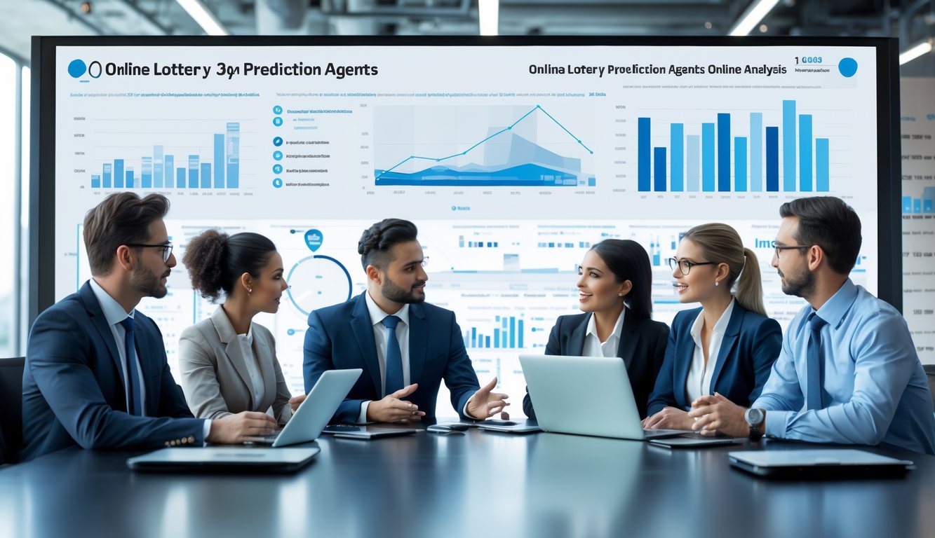 Sekelompok profesional bisnis sedang berdiskusi di ruang kantor modern dengan layar digital yang menampilkan grafik dan data analisis.