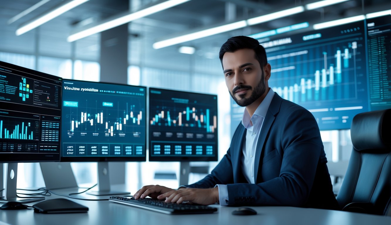 Seorang profesional sedang bekerja dengan komputer yang menampilkan grafik dan data prediksi di kantor modern.