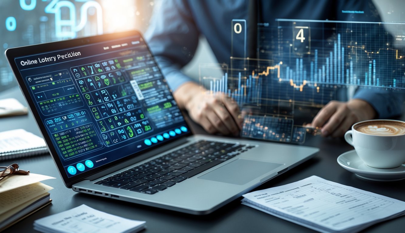 Seorang pria di meja kerja modern sedang menganalisis data prediksi togel 3D di laptop dengan catatan dan ponsel di sekitarnya.