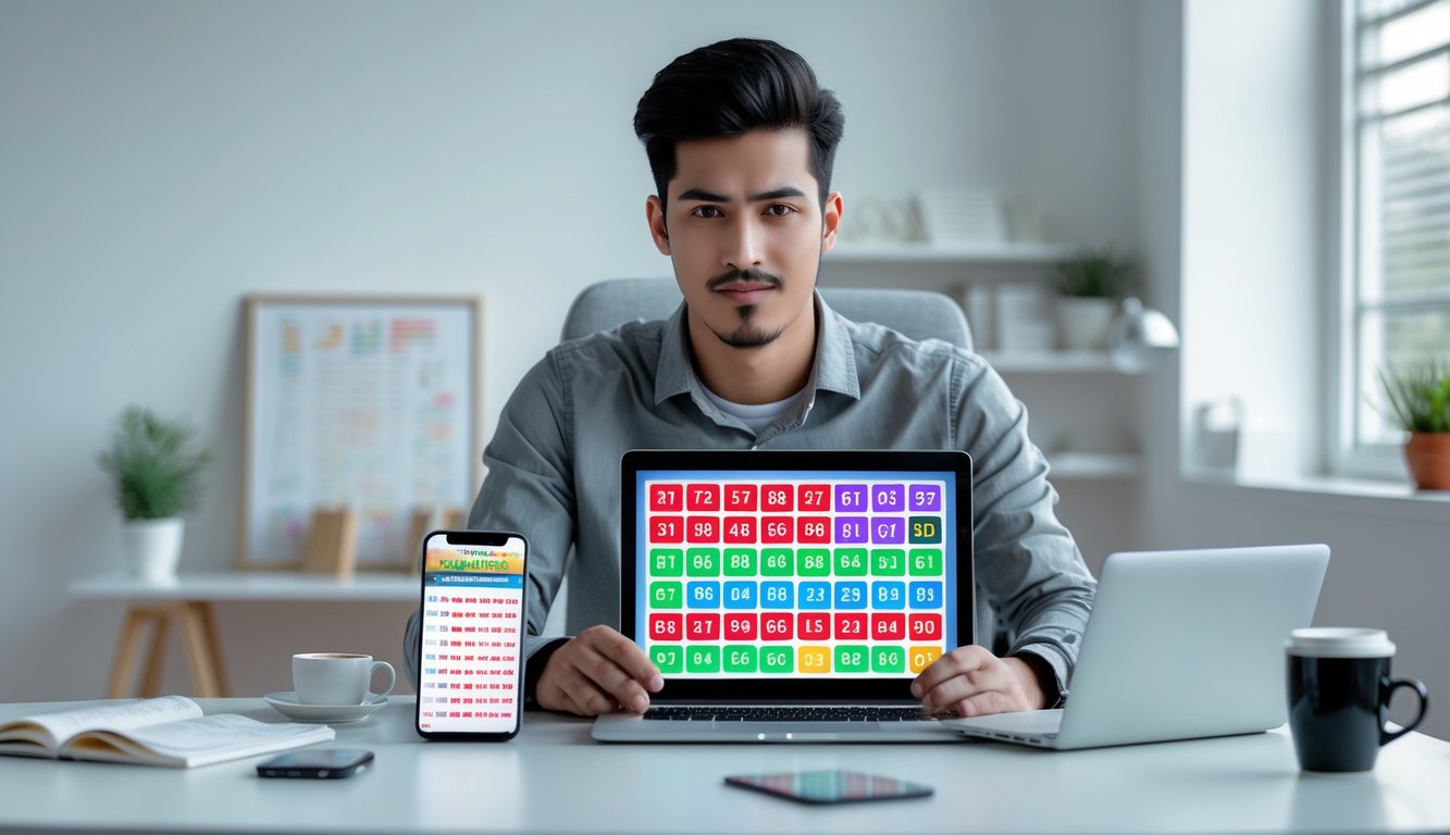 Seorang dewasa muda duduk di meja dengan laptop, melihat grafik dan angka terkait prediksi togel 3D, di sebuah kantor yang terang dan rapi.