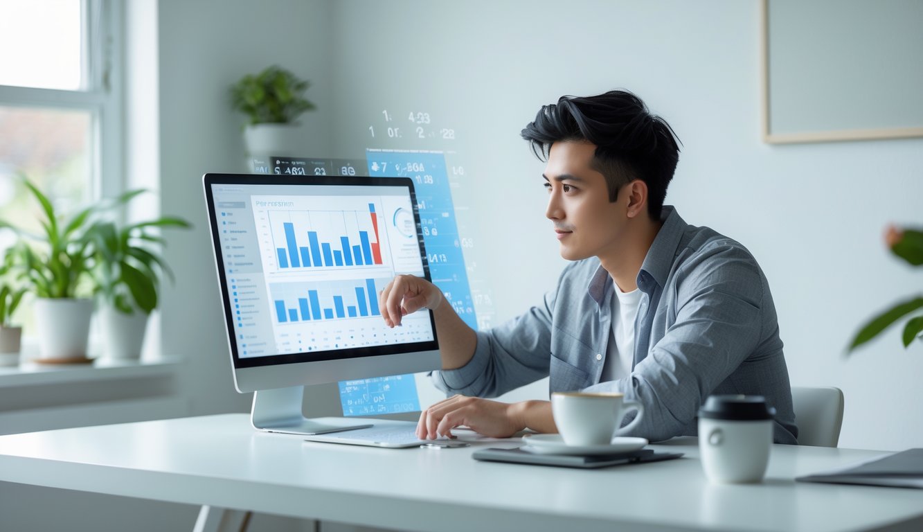 Seorang dewasa muda duduk di meja dengan laptop, fokus menganalisis data di layar dalam ruangan kantor rumah yang terang.