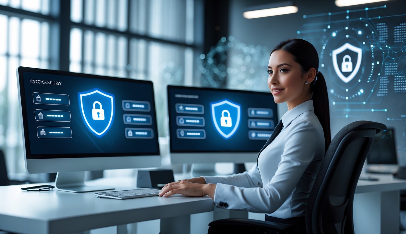 Seorang agen judi online duduk di meja kerja dengan beberapa monitor komputer yang menampilkan simbol keamanan digital di kantor modern.