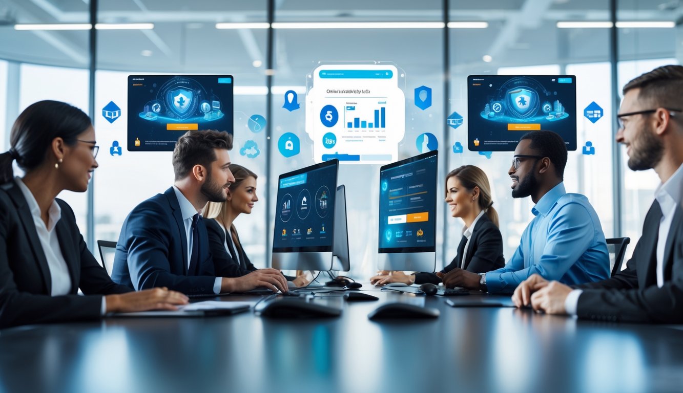 Sekelompok profesional sedang rapat di kantor modern dengan layar komputer yang menampilkan grafik terkait permainan judi online.