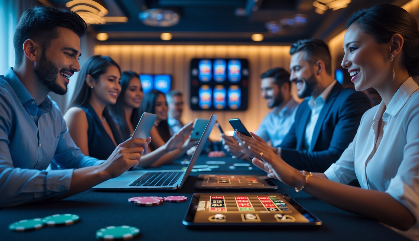 Orang-orang menggunakan perangkat digital dalam ruangan modern dengan elemen kasino seperti chip poker dan kartu remi.