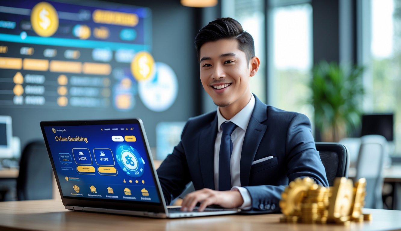 Seorang agen judi online yang percaya diri sedang bekerja dengan laptop di kantor modern, menunjukkan suasana profesional dan ramah.