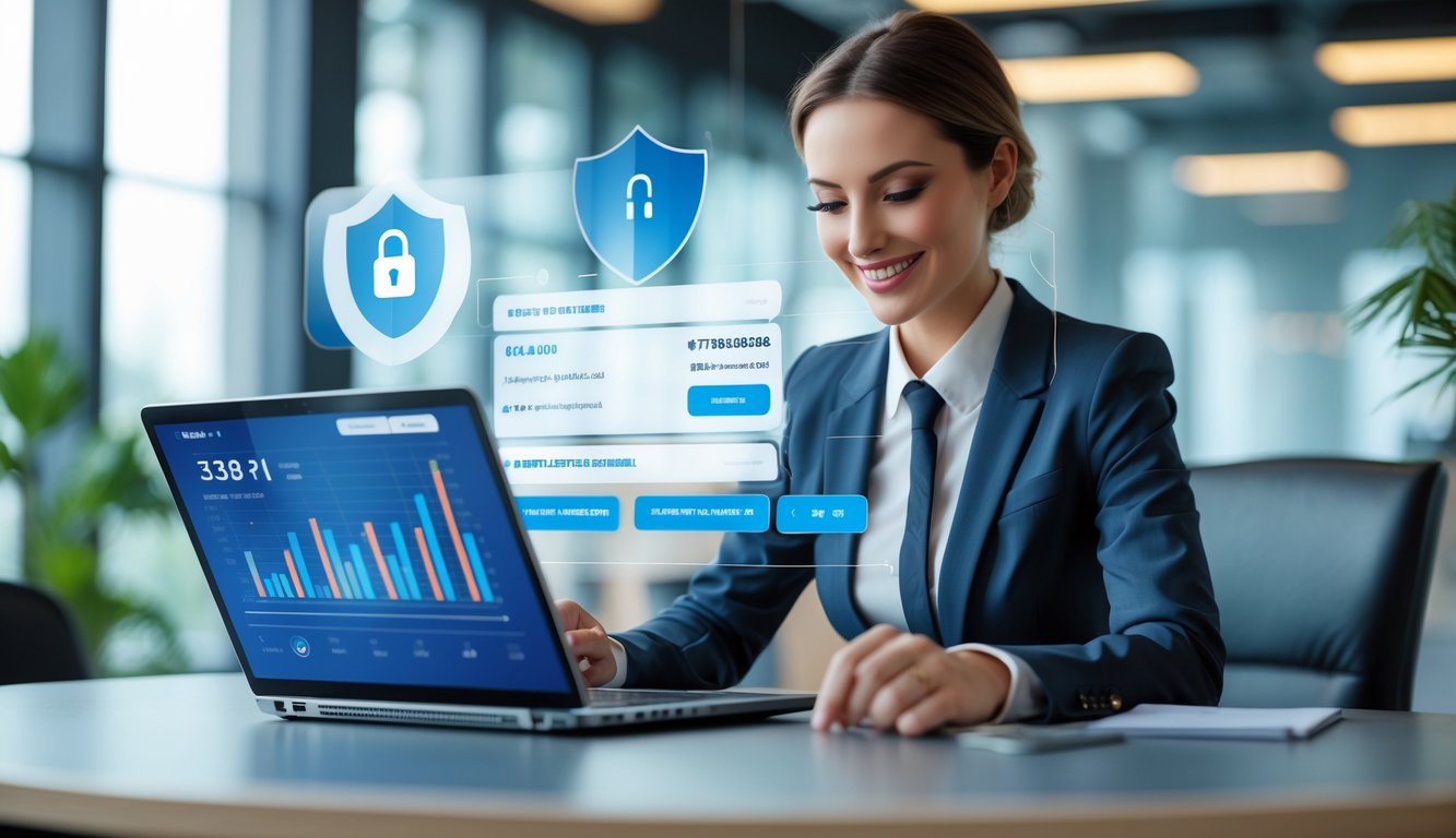 Seorang agen judi online yang percaya diri sedang bekerja dengan laptop di kantor modern, menunjukkan suasana aman dan pembayaran cepat.