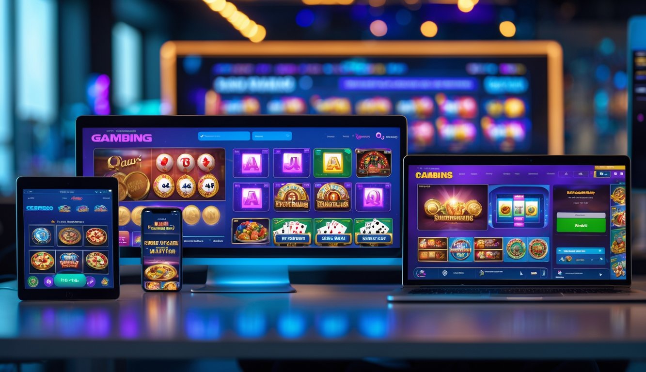 Beberapa perangkat digital menampilkan berbagai permainan judi online di lingkungan kantor modern.