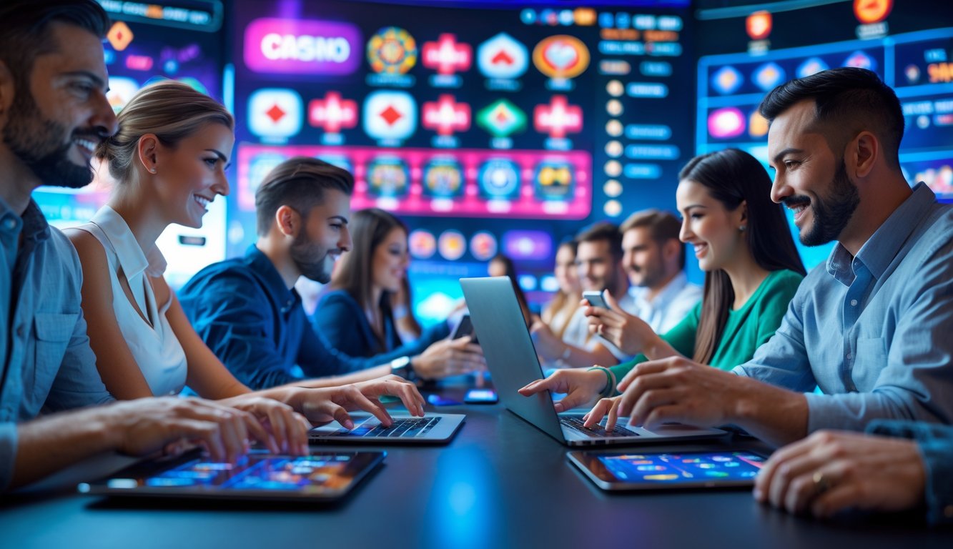 Sekelompok orang menggunakan perangkat elektronik untuk bermain berbagai permainan judi online di lingkungan yang modern dan dinamis.
