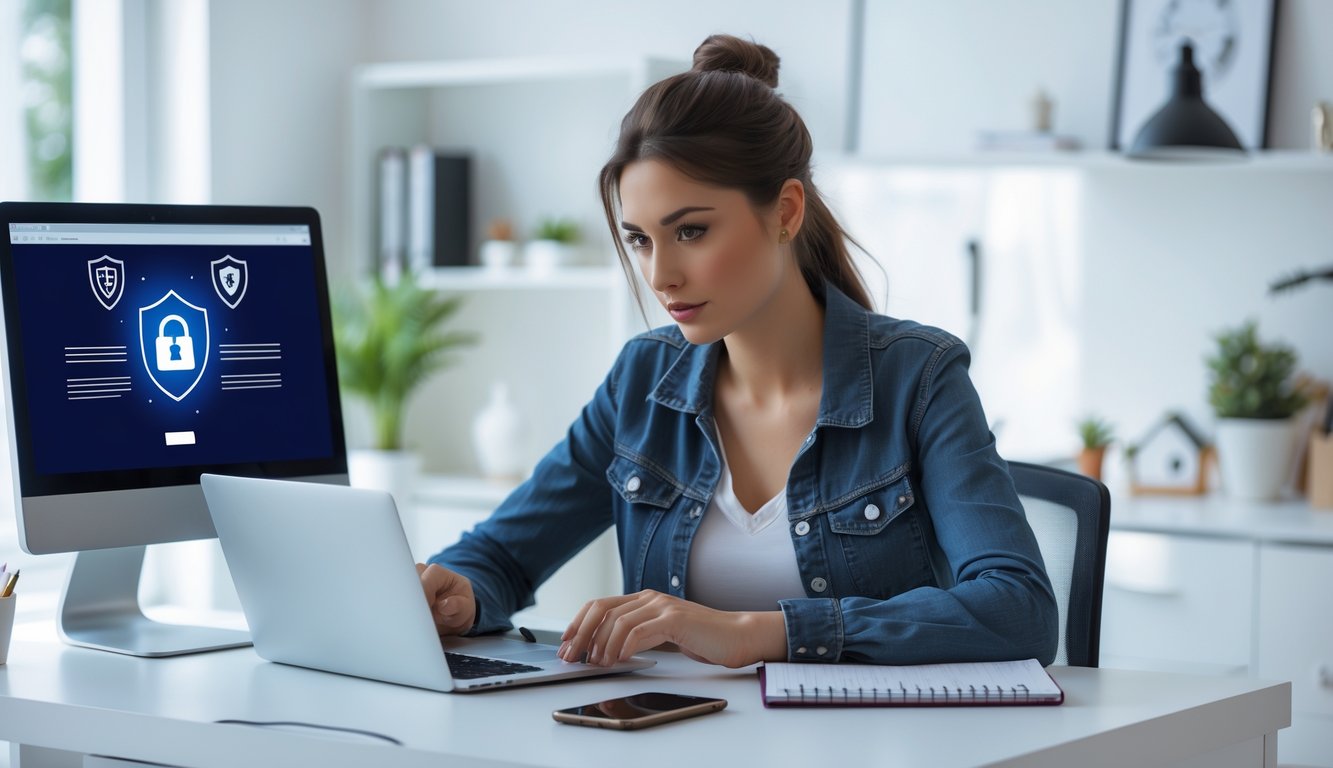 Seorang wanita muda duduk di meja kerja di rumah sambil melihat layar laptop dengan fokus dan serius.