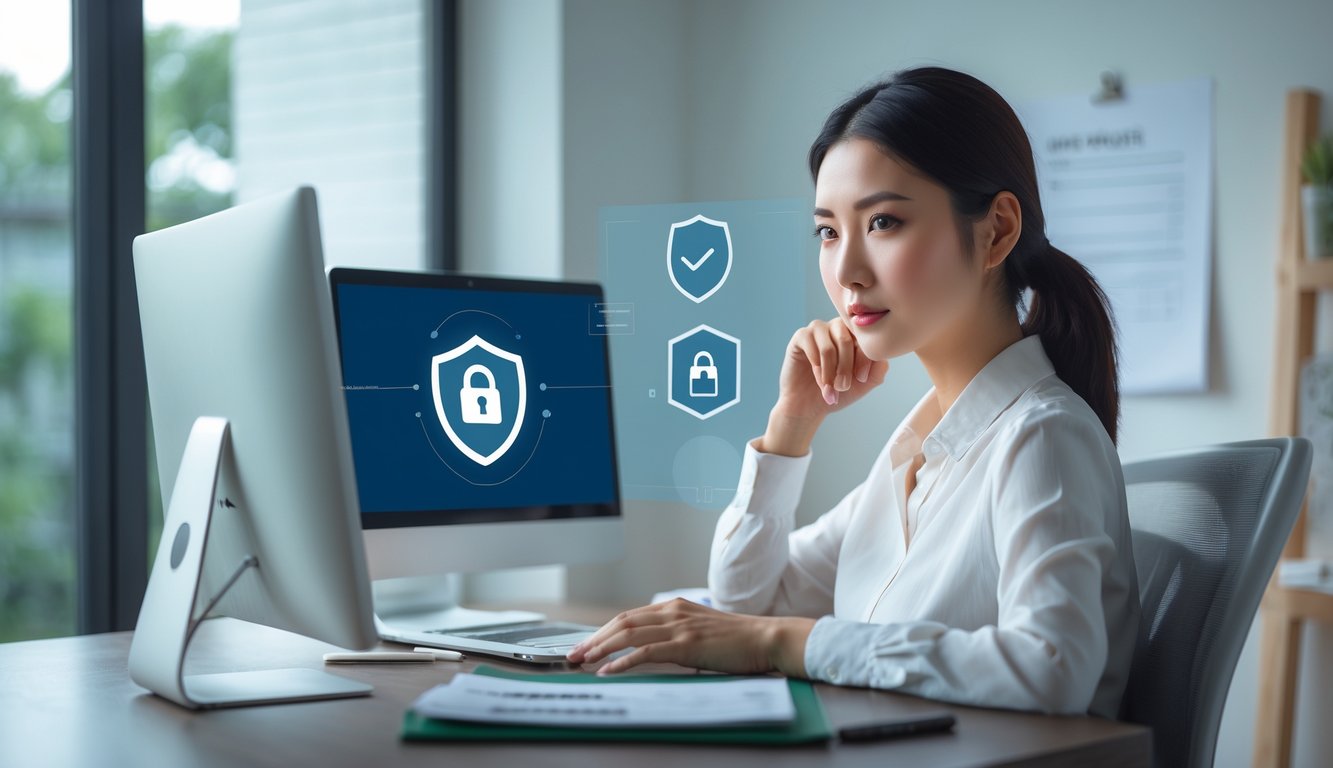 Seorang wanita muda duduk di meja kerja menggunakan laptop dengan latar belakang simbol keamanan dan daftar periksa.