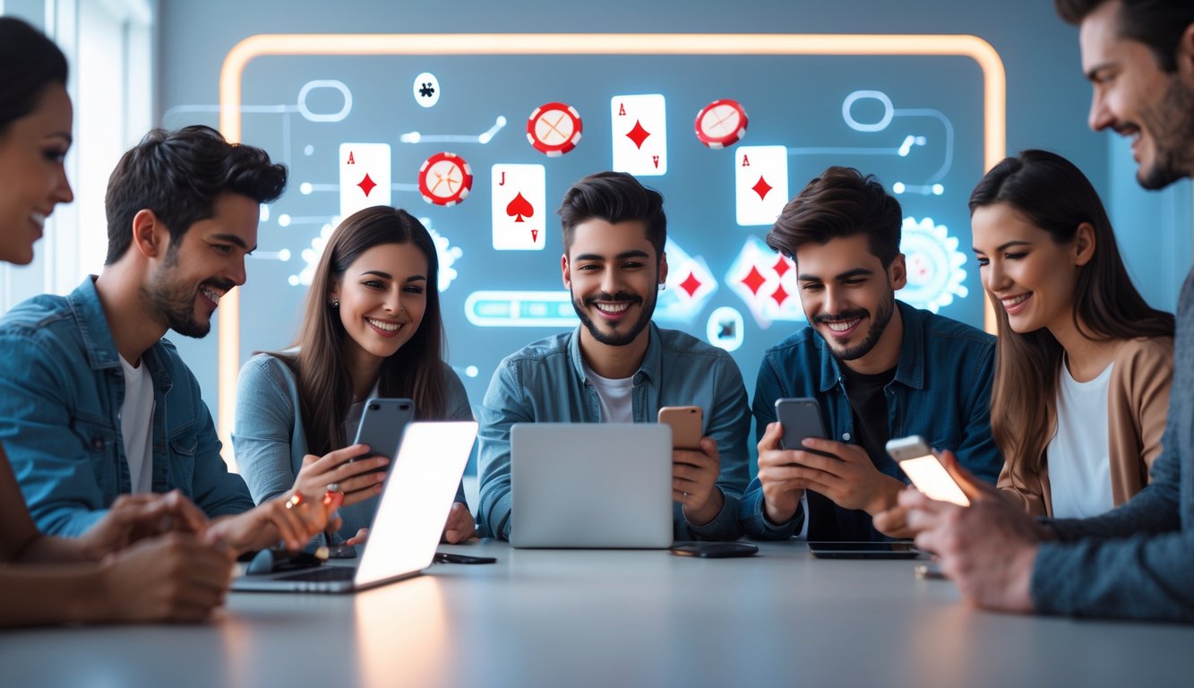 Sekelompok orang muda menggunakan perangkat digital dengan ekspresi senang di lingkungan modern yang bersih dan terang.