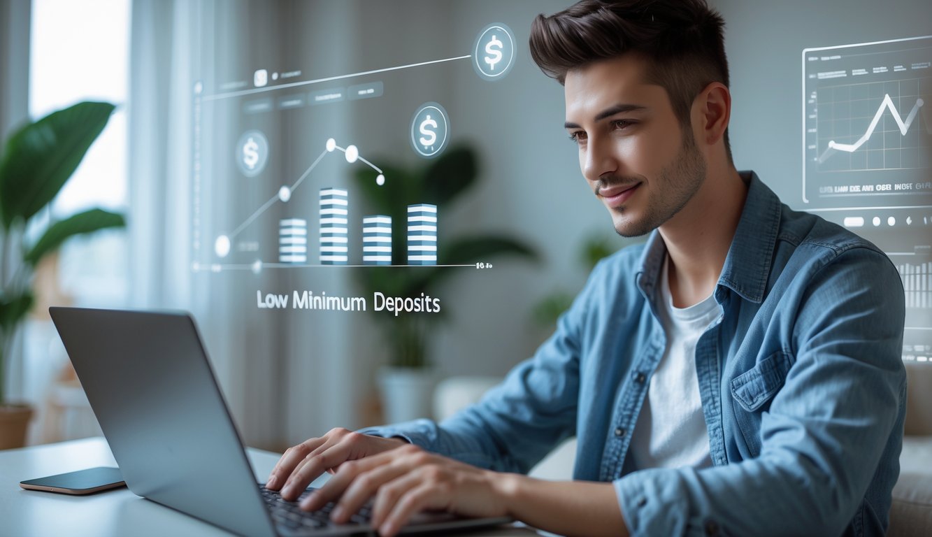 Seseorang muda menggunakan laptop di ruang tamu yang nyaman, berinteraksi dengan platform judi online dengan latar belakang elemen digital yang menunjukkan kemudahan dan deposit rendah.