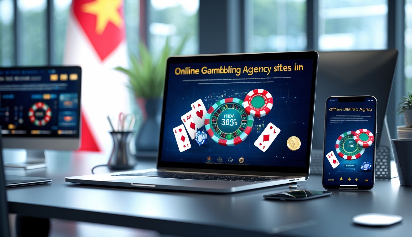 Meja kerja modern dengan laptop dan ponsel yang menampilkan grafik terkait judi online, dengan latar belakang elemen budaya Indonesia.