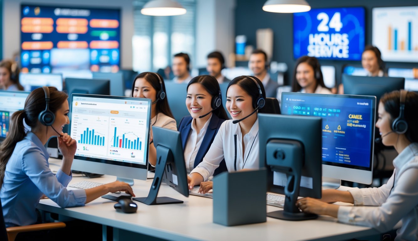 Tim layanan pelanggan yang ramah bekerja di pusat layanan dengan komputer dan headset, memberikan dukungan 24 jam untuk agen judi online.