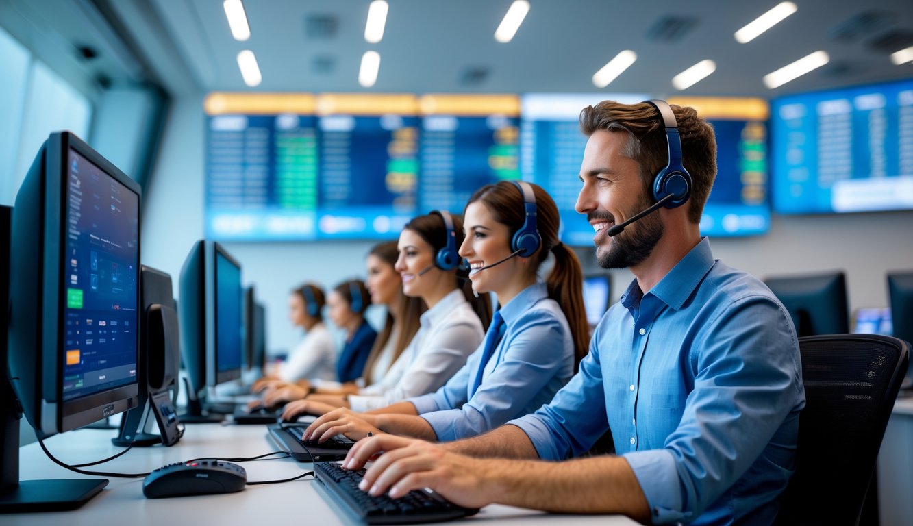 Tim layanan pelanggan yang ramah sedang bekerja di pusat layanan dengan komputer dan headset, menunjukkan dukungan 24 jam untuk agen judi online.