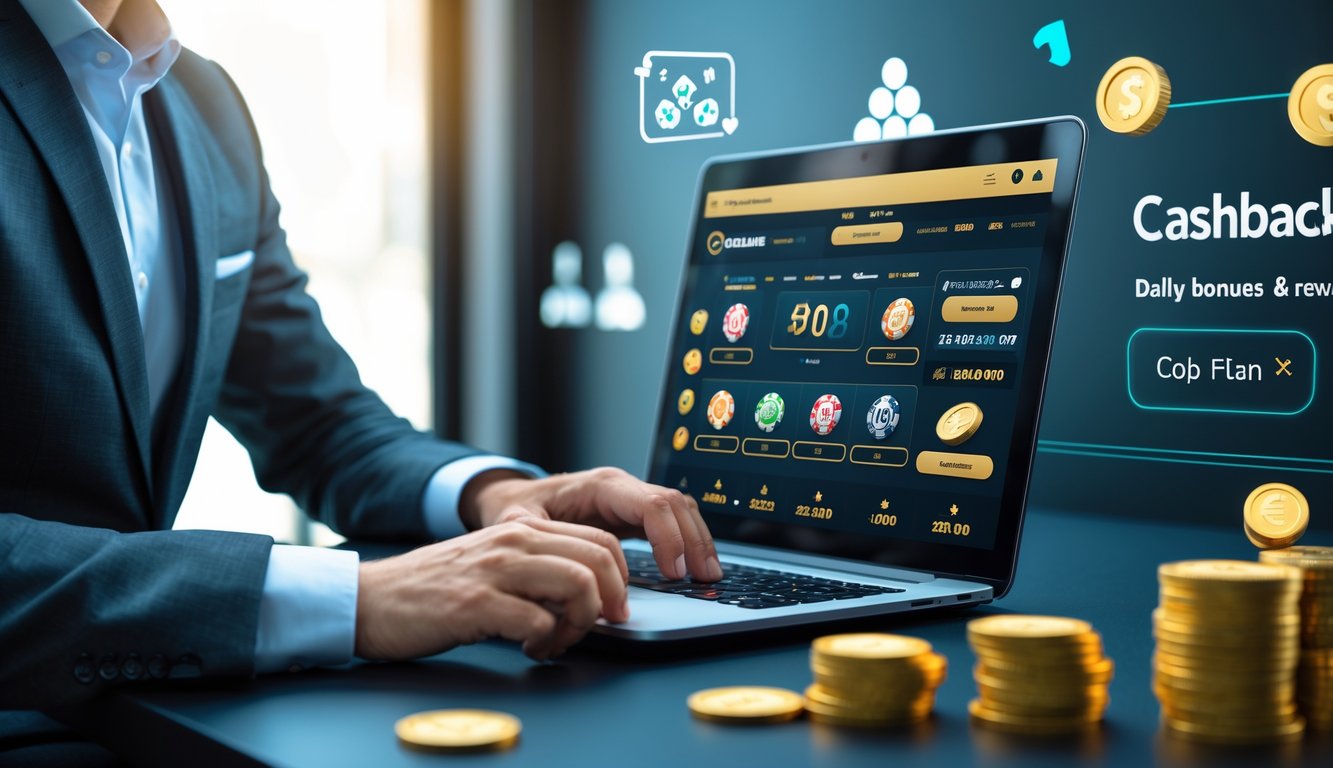 Seorang profesional menggunakan laptop di meja kerja modern dengan tampilan permainan judi online dan simbol hadiah di latar belakang.
