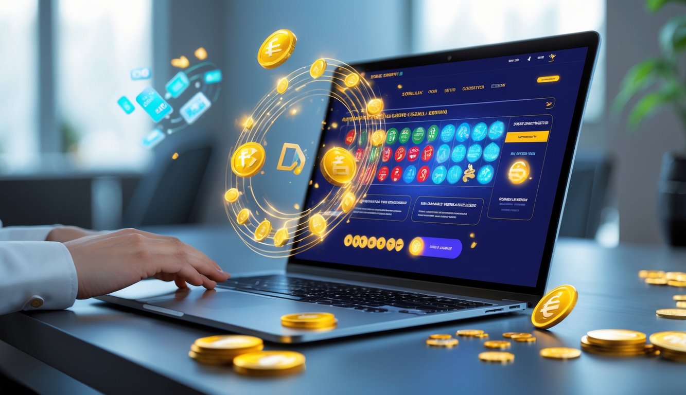 Seorang profesional menggunakan laptop dengan tampilan situs judi online yang menampilkan simbol chip, kartu, dan roda roulette, dikelilingi oleh ikon koin digital dan tanda cashback.