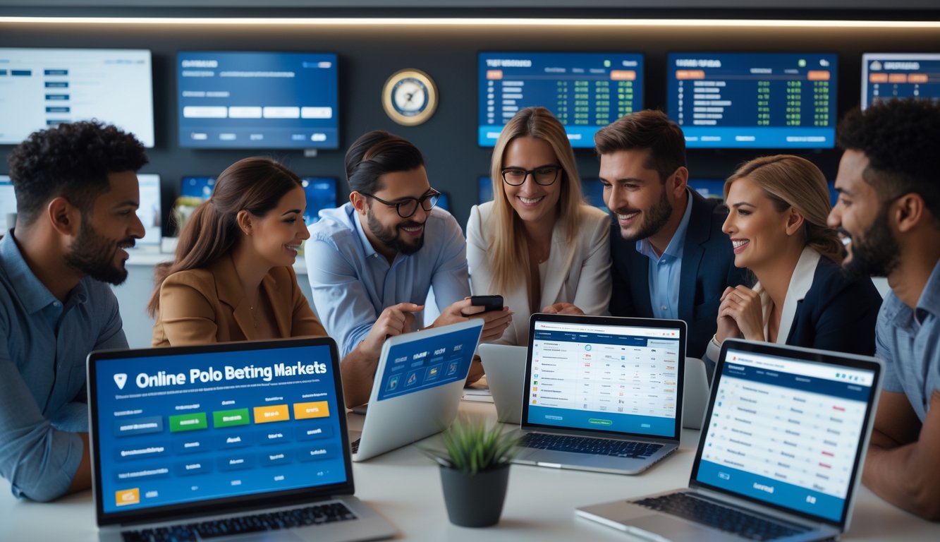 Sekelompok orang yang sedang menggunakan perangkat digital untuk taruhan online dengan suasana kerja modern dan profesional.