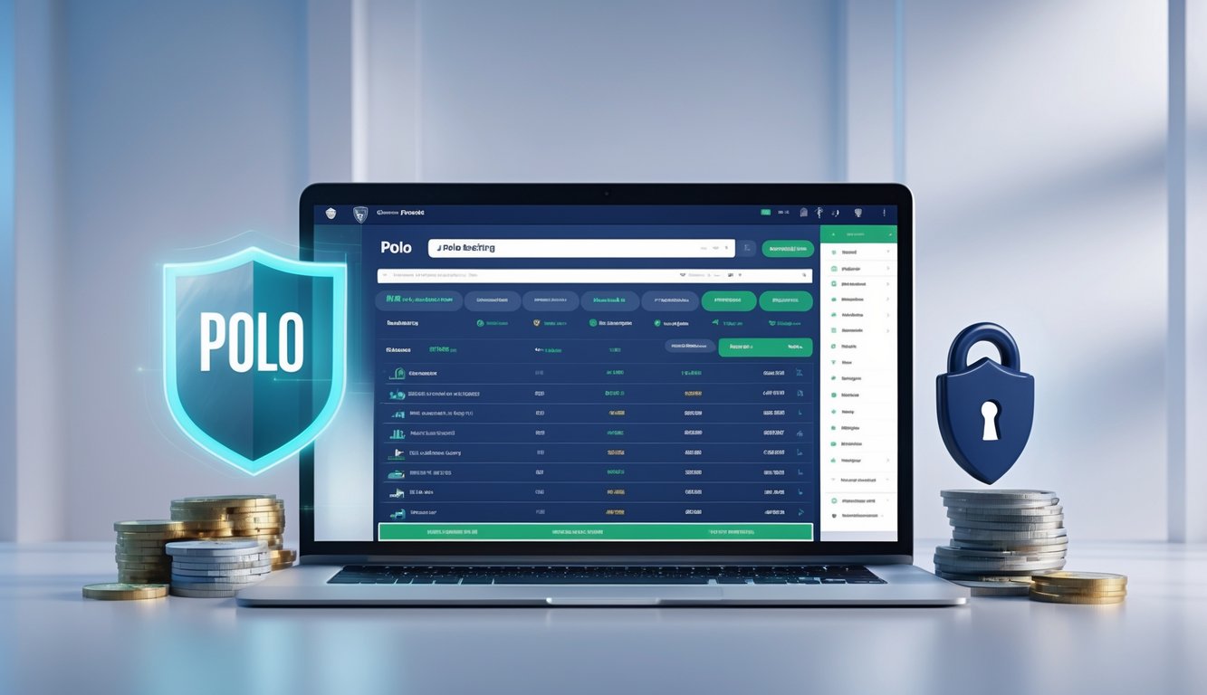 Seseorang menggunakan laptop dengan layar yang menampilkan antarmuka taruhan polo online, dikelilingi simbol keamanan dan uang.