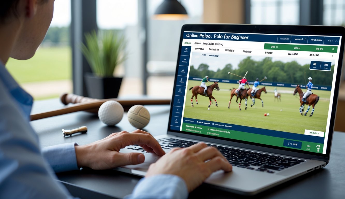 Seseorang menggunakan laptop di meja kerja dengan layar menampilkan pertandingan polo dan opsi taruhan online.