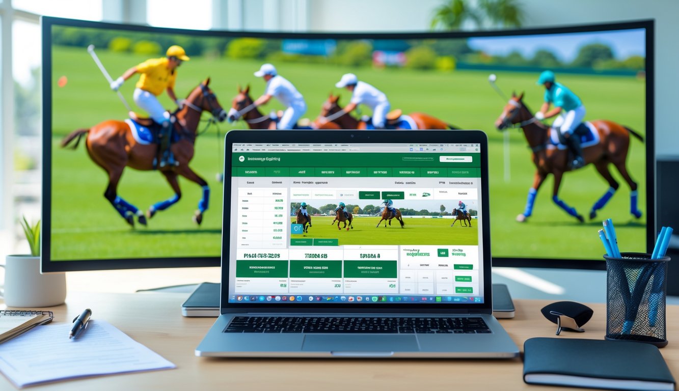 Seorang pengguna di depan laptop dengan tampilan taruhan polo online, layar besar menampilkan pertandingan polo yang sedang berlangsung di latar belakang.