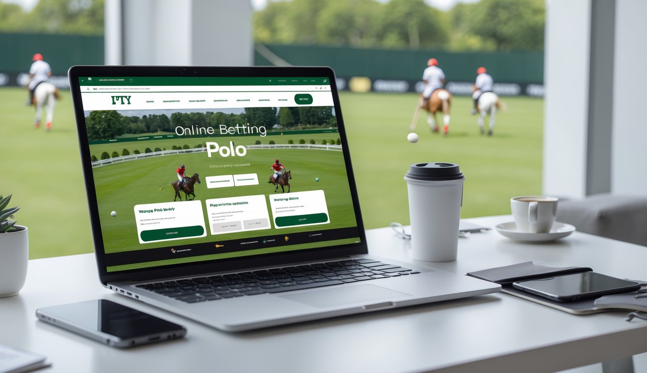 Seorang pengguna di depan komputer yang menampilkan situs taruhan polo online dengan latar belakang lapangan polo dan pemain polo berkuda.