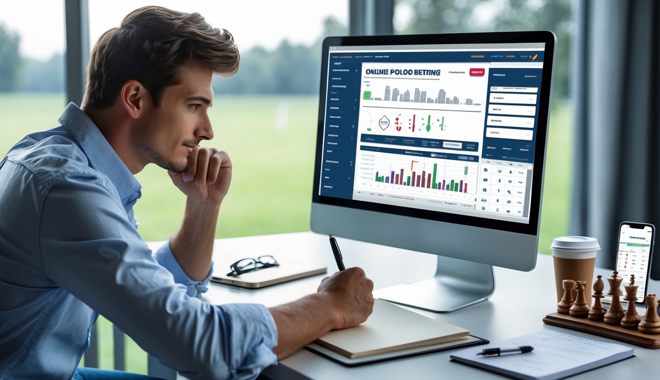 Seorang pria muda duduk di meja dengan laptop, menganalisis data taruhan polo online dengan catatan dan grafik di layar.