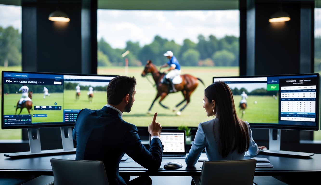 Dua orang sedang berdiskusi di depan komputer dengan layar menampilkan pertandingan polo dan data taruhan.