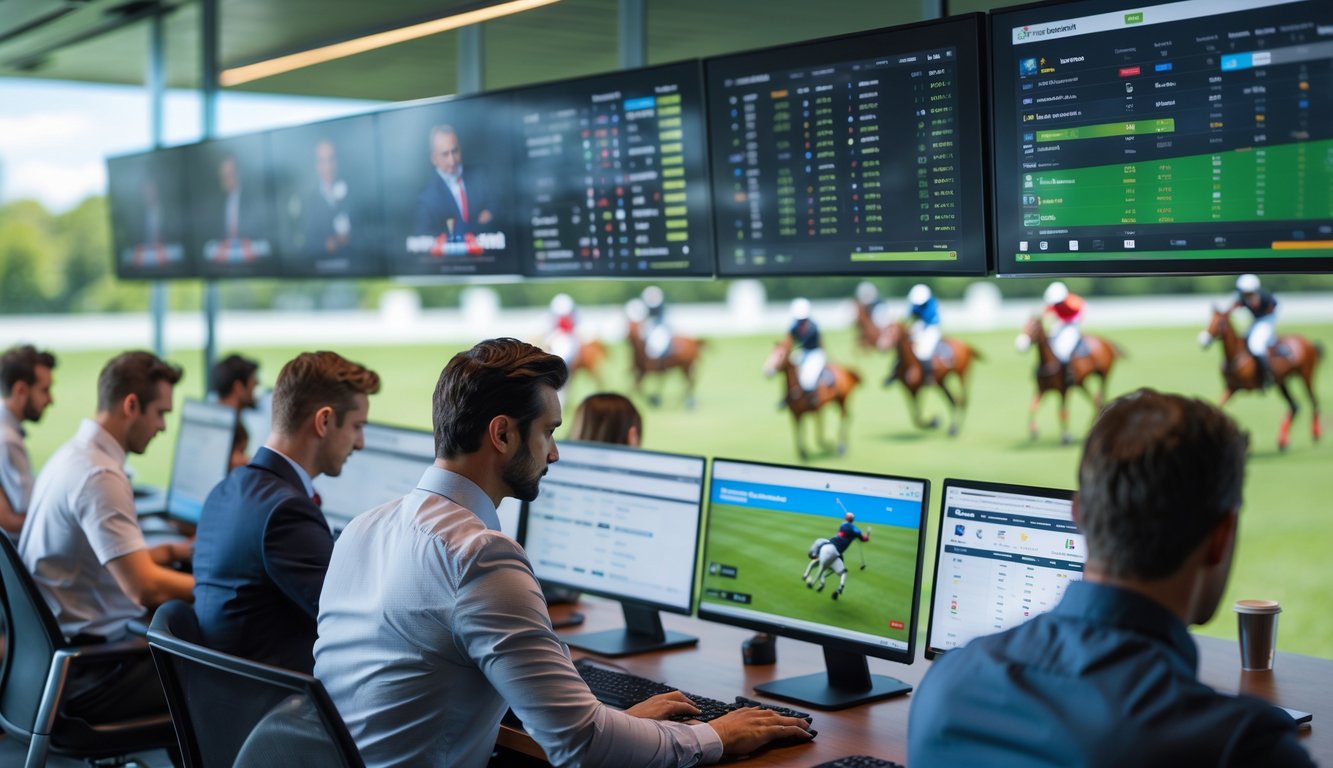 Beberapa orang fokus menggunakan komputer untuk memasang taruhan langsung pada pertandingan polo yang sedang berlangsung.