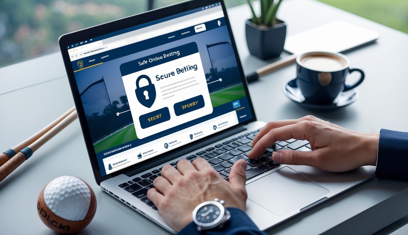 Seseorang menggunakan laptop dengan tampilan situs taruhan polo online yang aman di meja kerja dengan perlengkapan polo di sekitarnya.