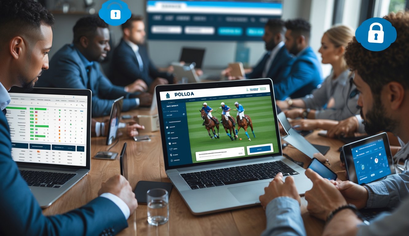 Sekelompok orang sedang menggunakan perangkat digital untuk taruhan polo online dengan suasana yang aman dan profesional.