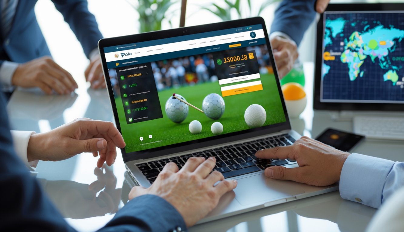Orang-orang dari berbagai latar belakang sedang menggunakan laptop untuk taruhan polo online dengan latar belakang bola polo dan peta dunia.