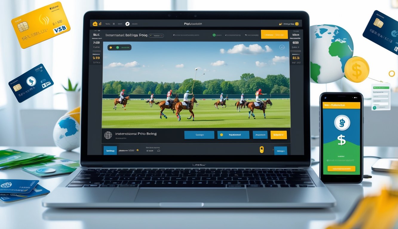 Seorang pria menggunakan laptop di meja kerja dengan tayangan pertandingan polo dan simbol pembayaran cepat di sekitar.