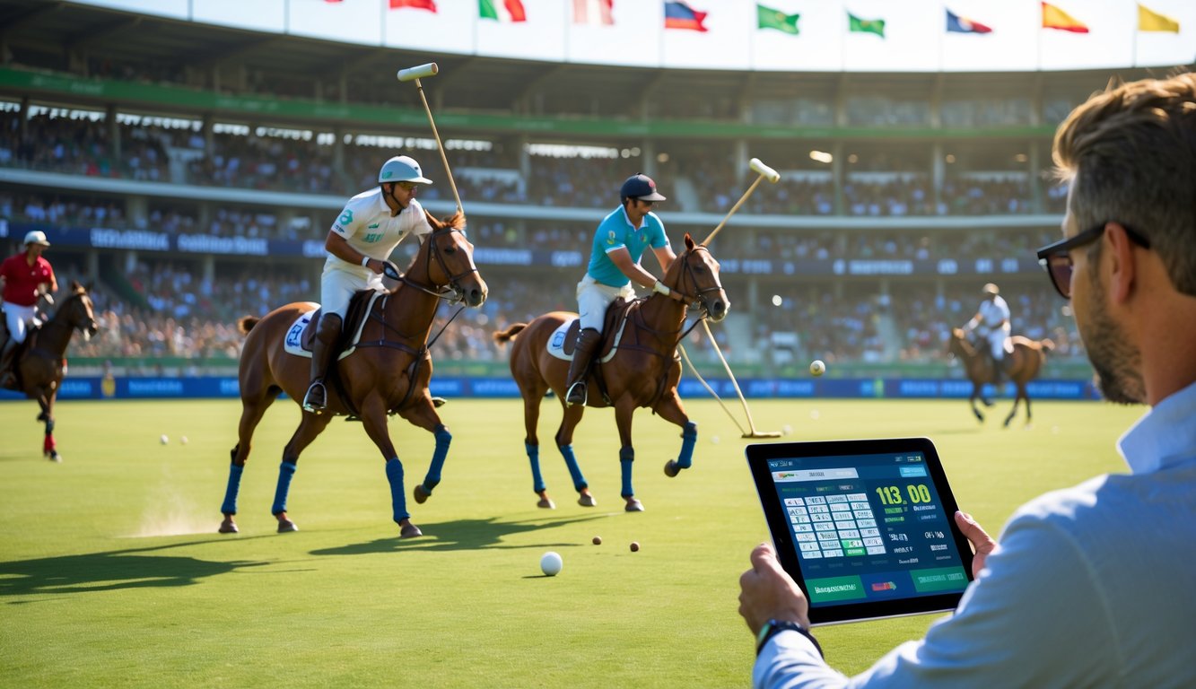 Pertandingan polo internasional sedang berlangsung dengan dua pemain di atas kuda, penonton di stadion, dan seorang analis olahraga memperhatikan permainan dengan tablet.